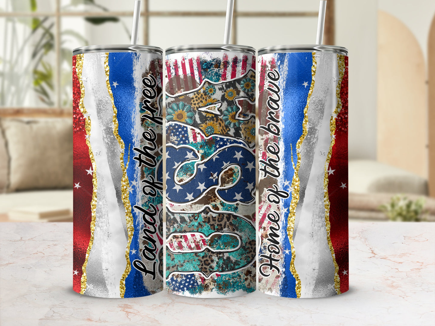 Three patriotic tumblers with stars, stripes, and floral patterns.