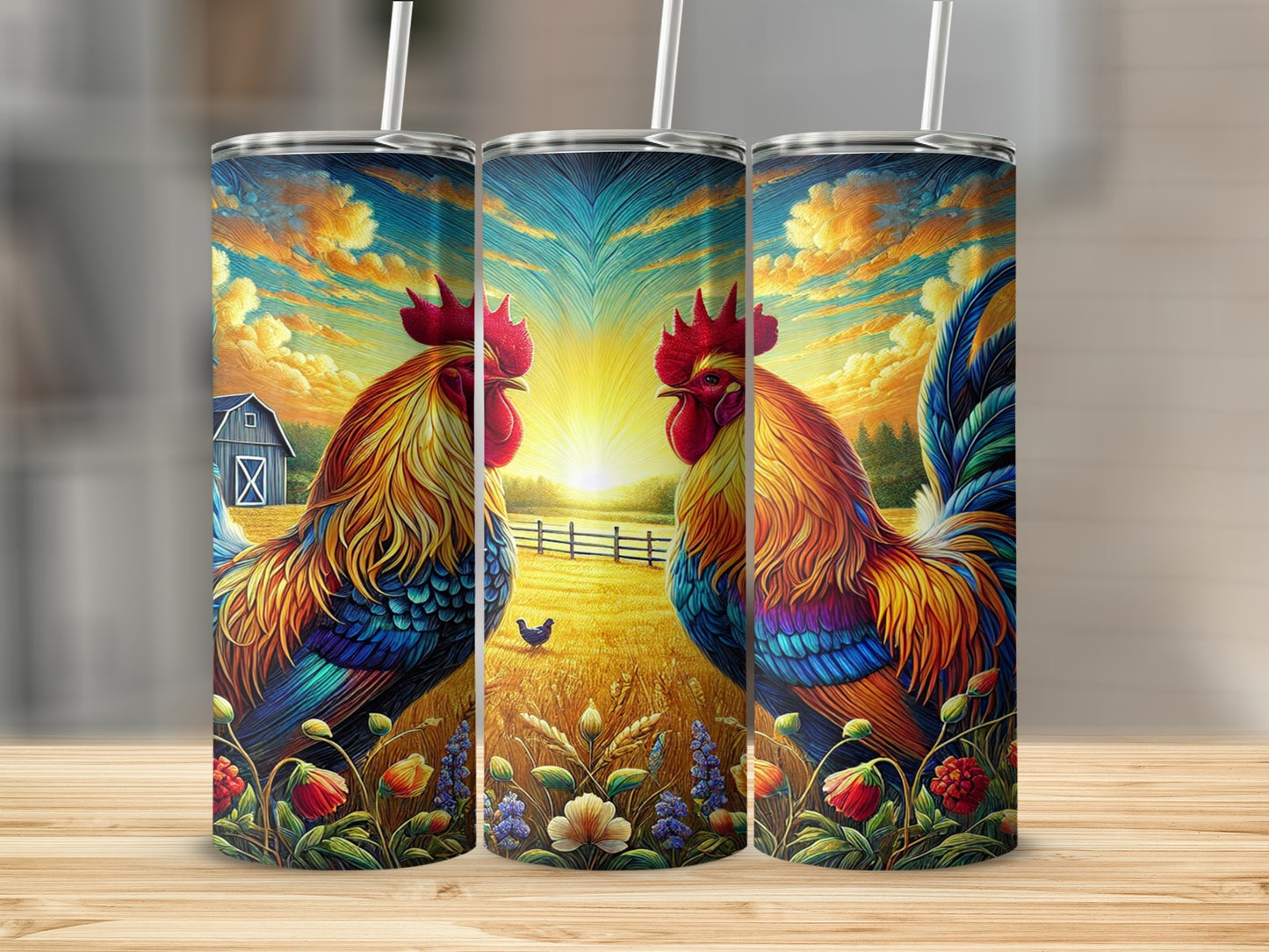 Vibrant Rooster Sunset Farm Scene Insulated Tumbler