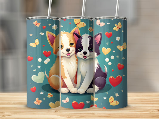 Two cartoon puppies with hearts and butterflies on a teal background.