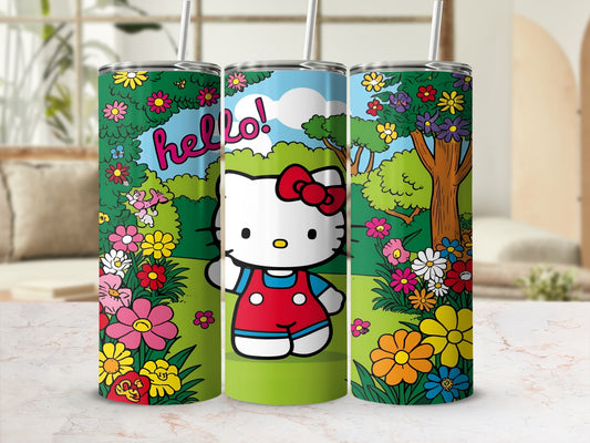Hello Kitty in a field of flowers, with a colorful landscape and trees.