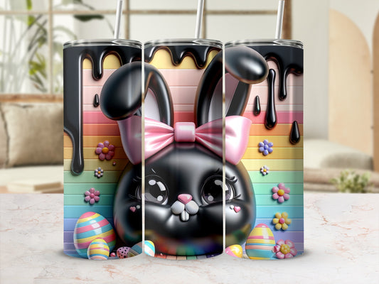 Black bunny with pink bow and colorful Easter eggs on rainbow background.