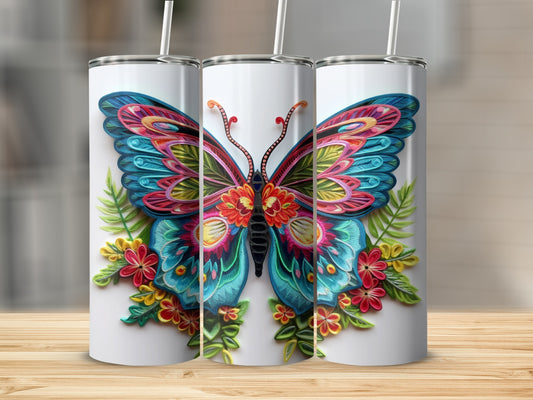 Three white tumblers featuring a colorful butterfly and floral design.