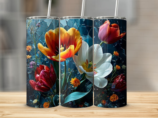 Three tumblers with a dark blue cracked glass background and vibrant tulips.