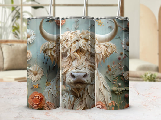 Highland cow with floral accents on three tumblers.