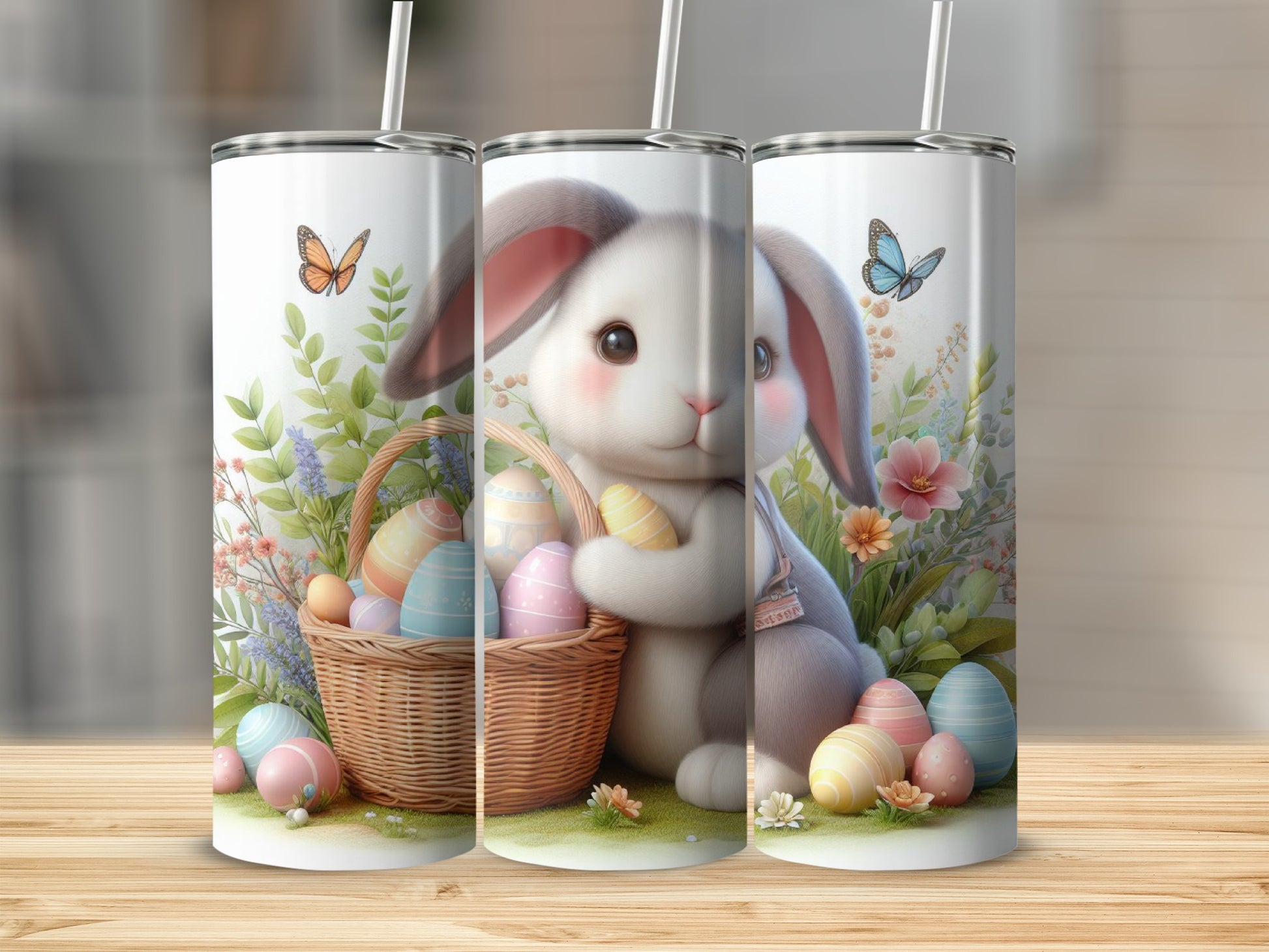 Easter bunny with basket of colorful eggs and butterflies.