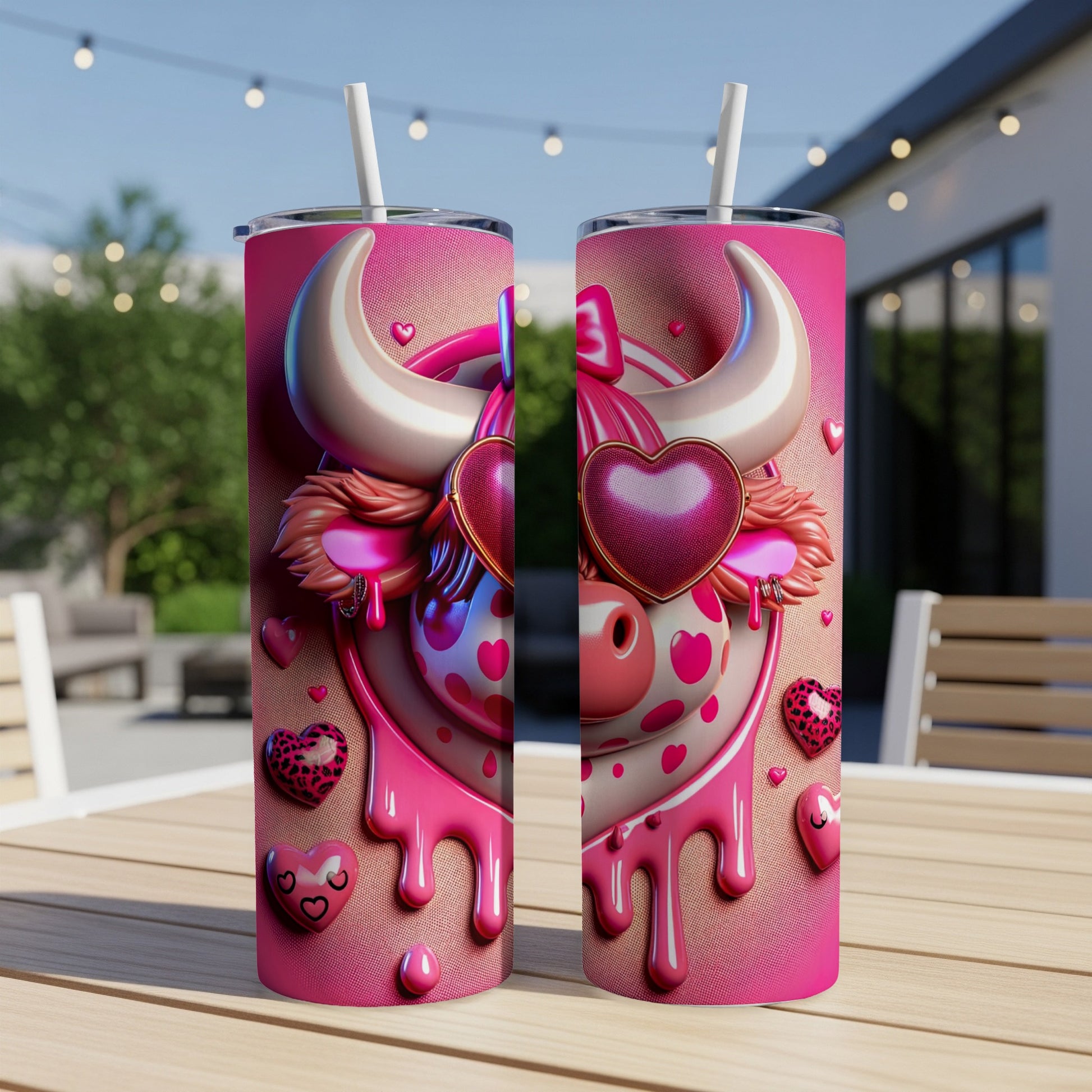 Two pink tumblers with a cartoon cow wearing heart sunglasses, set against a blurred backyard scene.