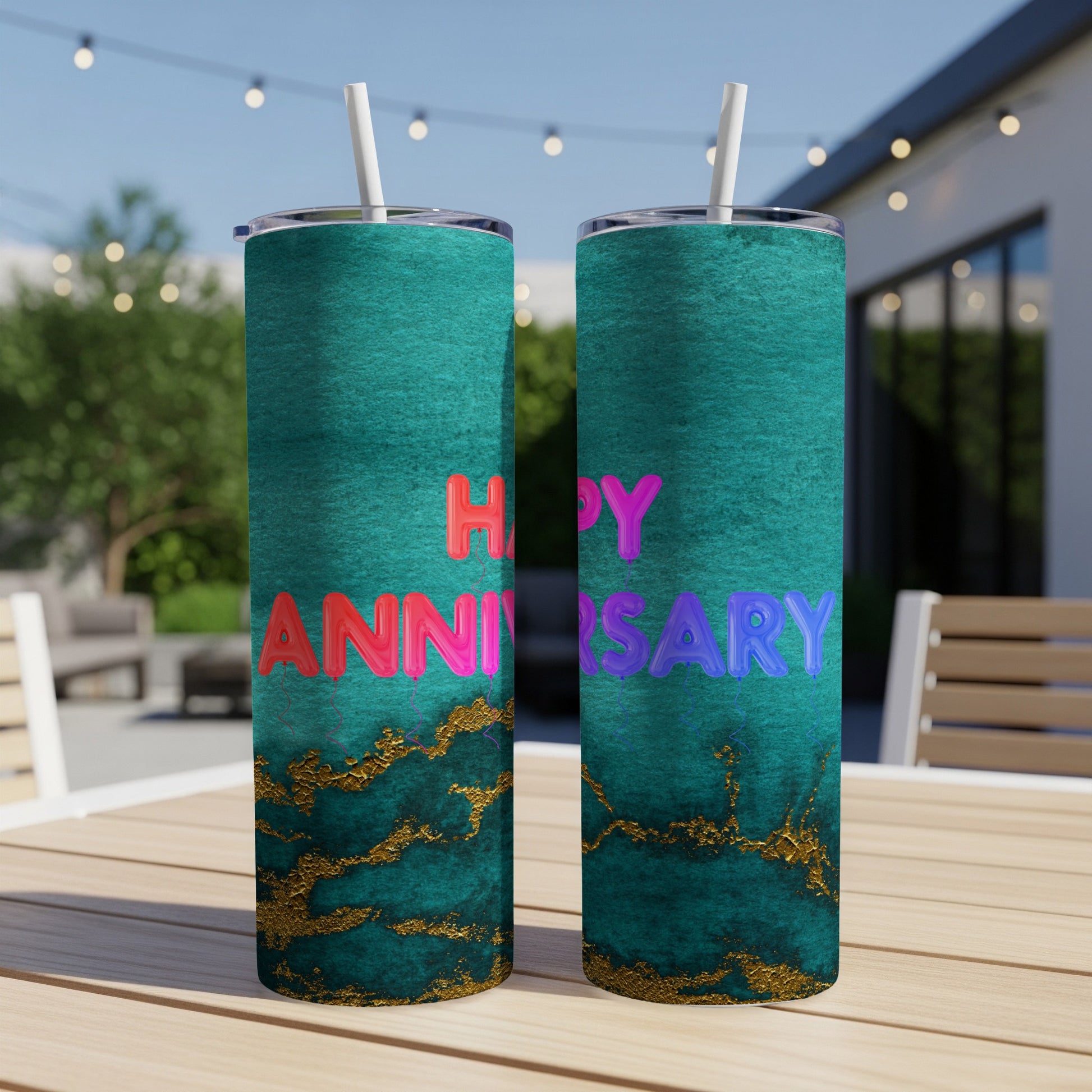 Two teal tumblers with gold marbling and "Happy Anniversary" text.