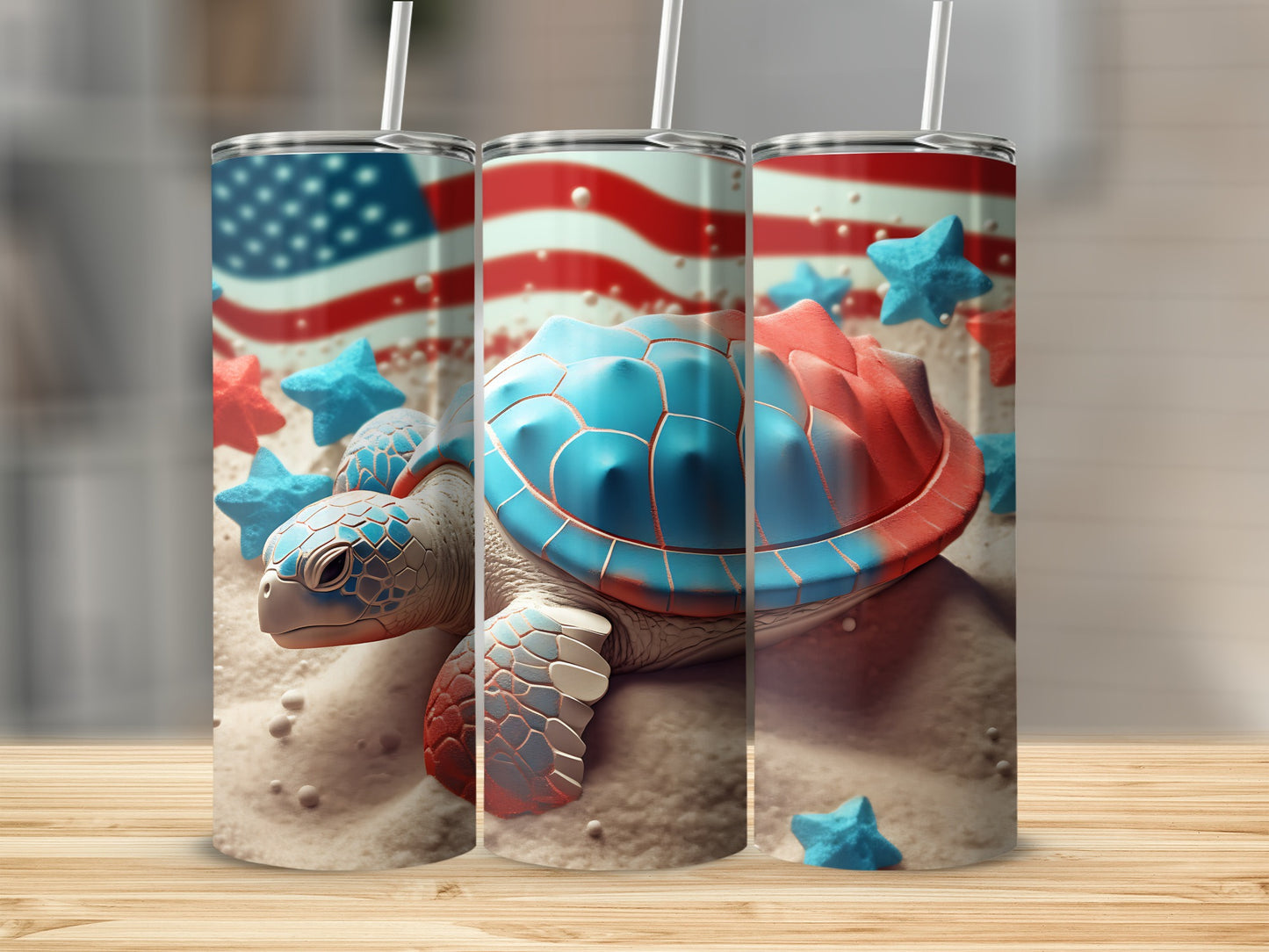 Turtle with American flag pattern and stars, on beach.