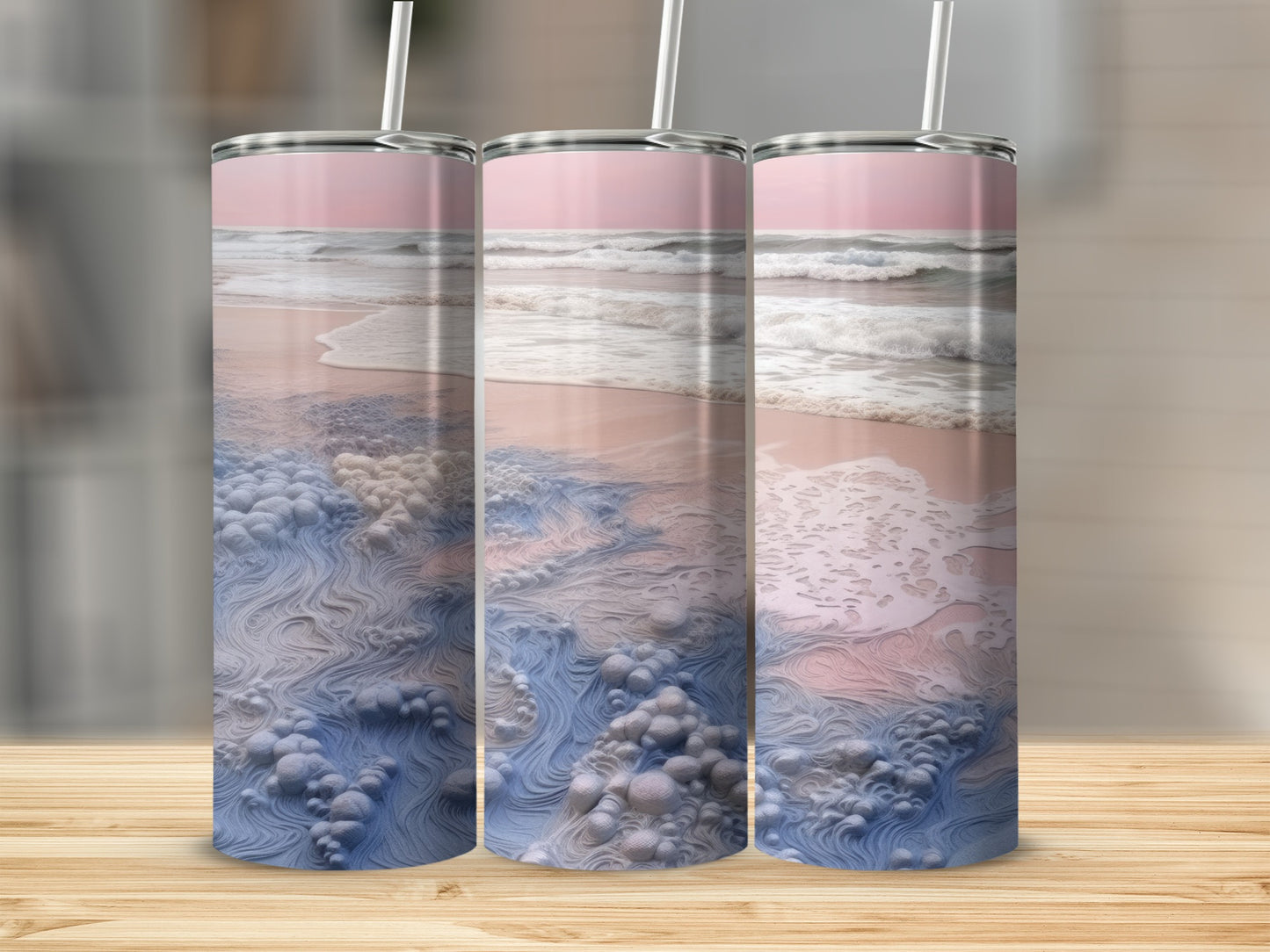 Three tumblers with a textured ocean wave and beach sunset design.