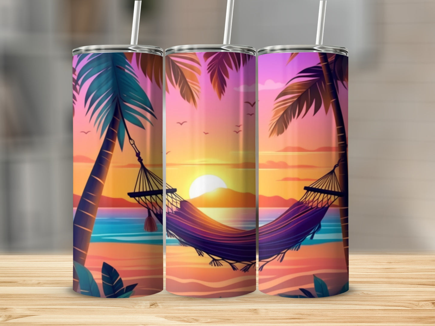 Triptych of tumblers showing a sunset beach scene with a hammock.