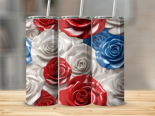 Three tumblers with red, white, and blue rose patterns.