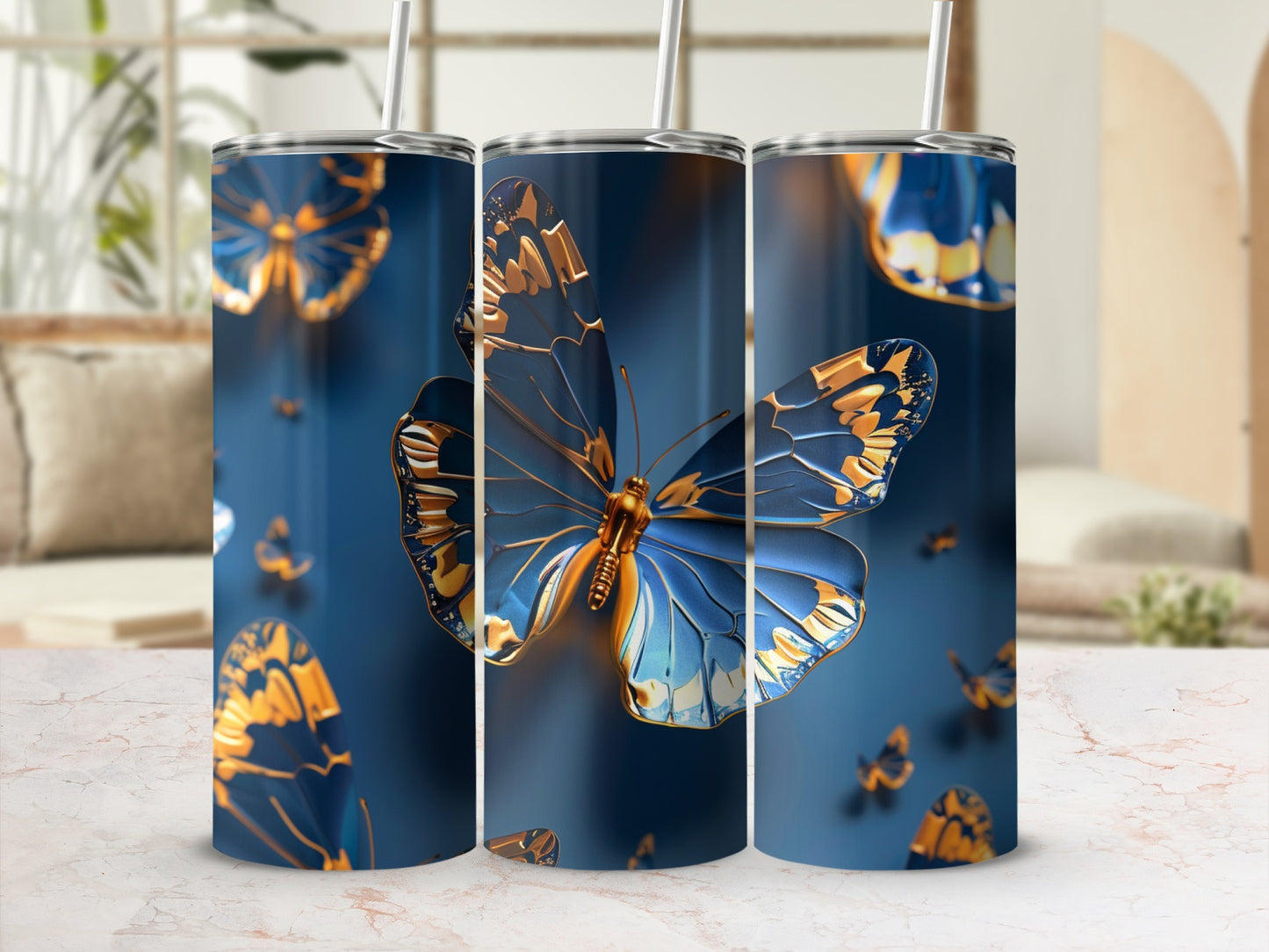 Blue and gold butterflies adorn a dark blue tumbler.