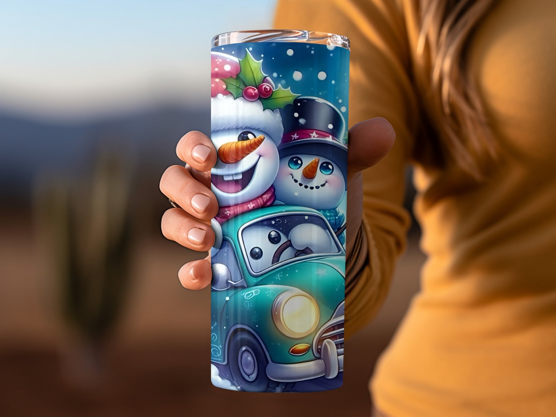 Whimsical Snowmen Driving in Snow Themed Tumbler Cup
