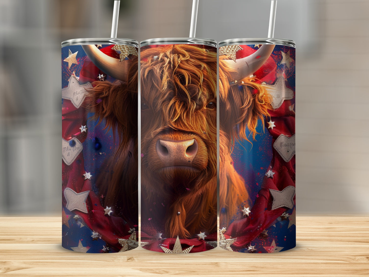 Highland cow with patriotic stars and red ribbon design on three tumblers.