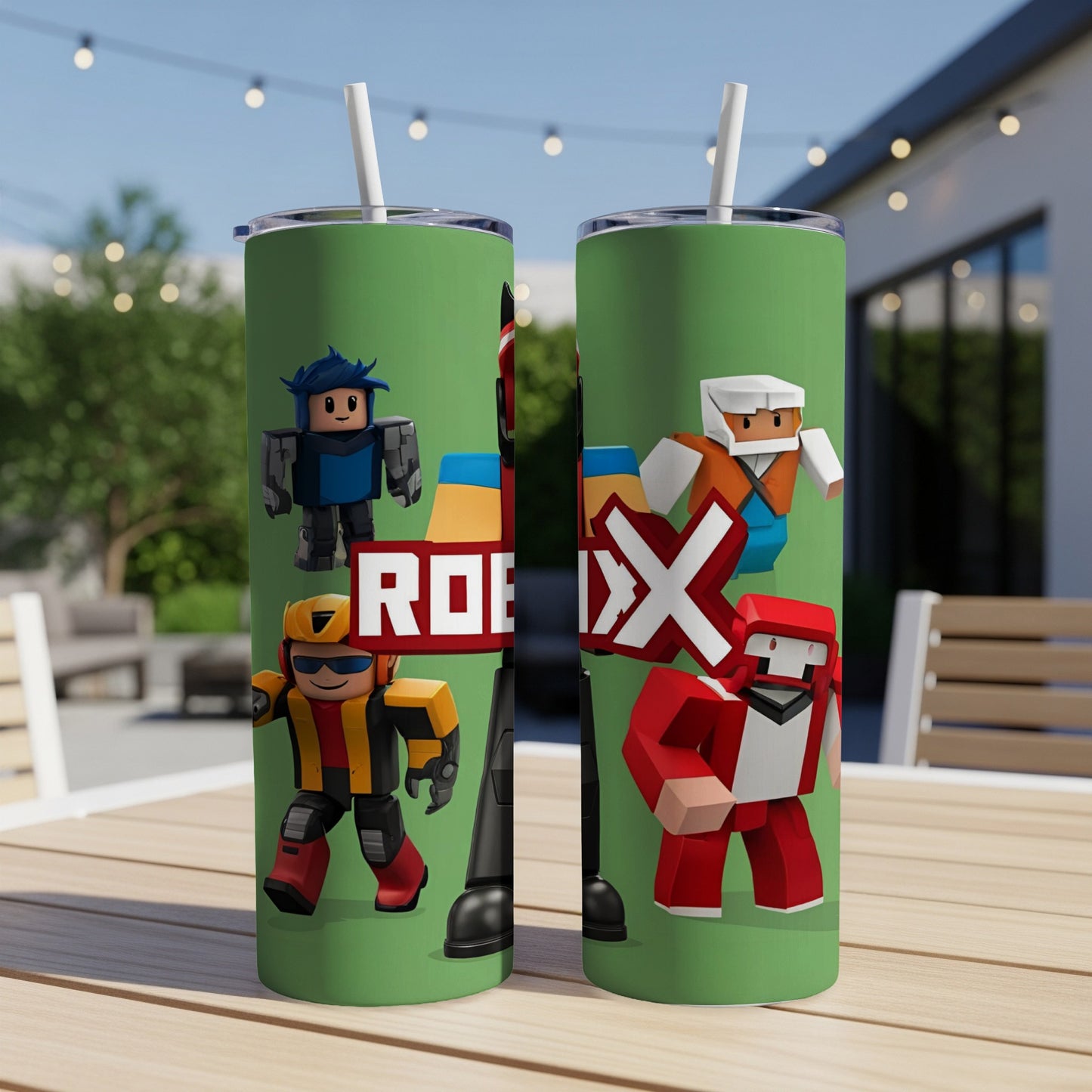 Two Roblox character tumblers with green backgrounds and straw accessories.