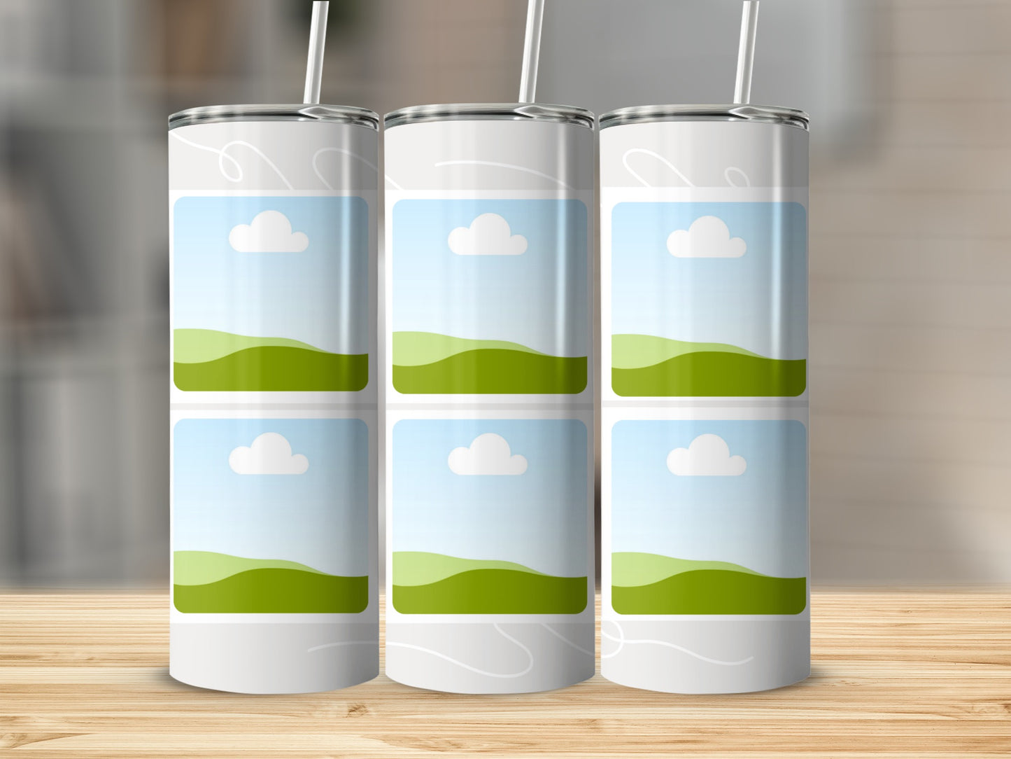 Three white tumblers with custom photo frames and straws on a wooden surface.