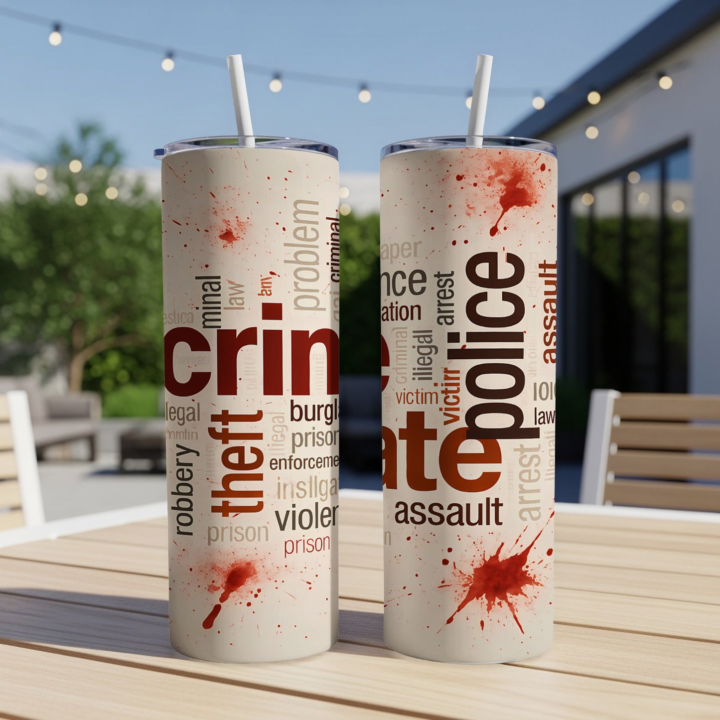 Two tumblers with crime-related words like "crime," "police," and "assault" and red splatters.