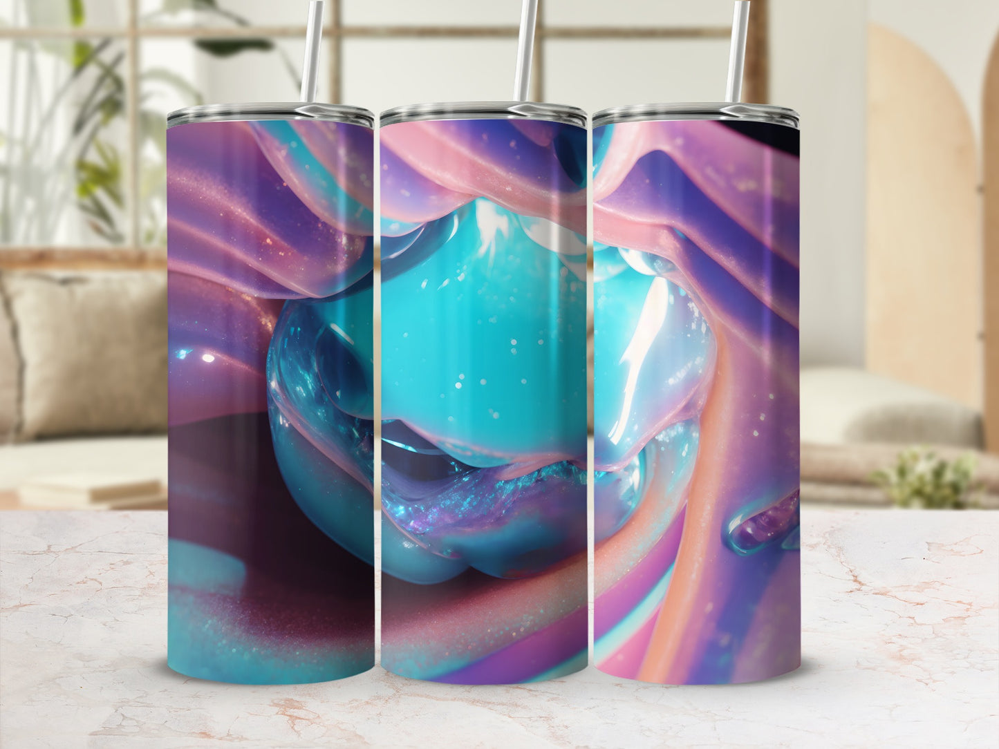 Abstract pink and purple swirl pattern on a skinny tumbler.