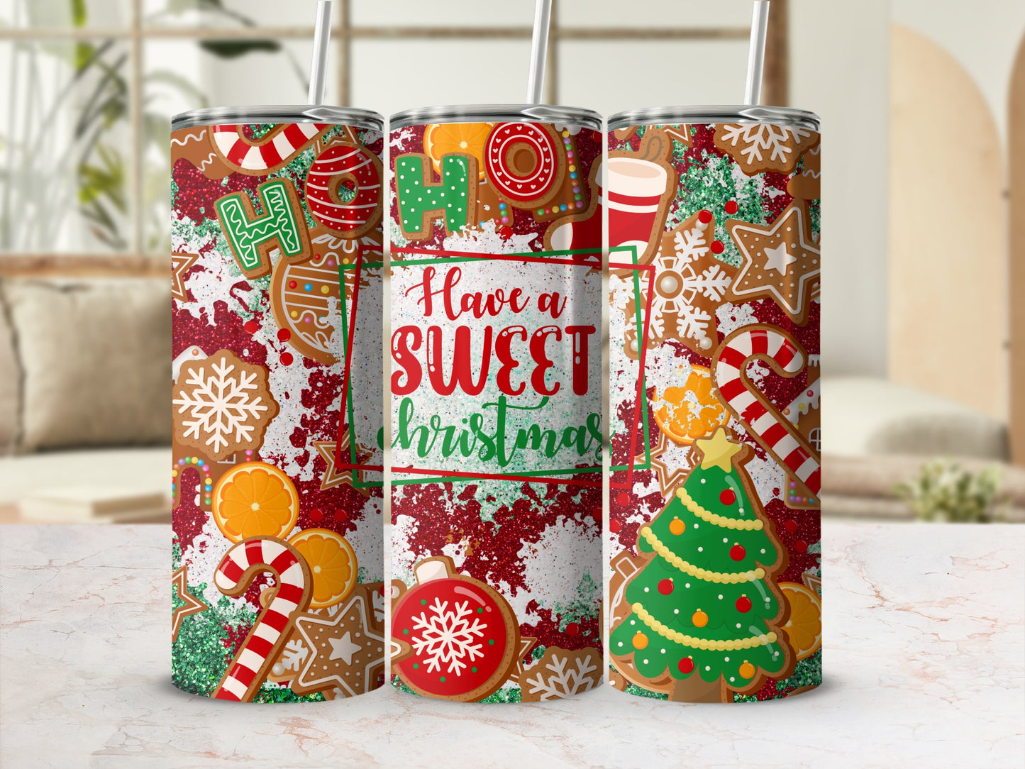 Christmas tumbler with gingerbread cookies, candy canes, and festive text.