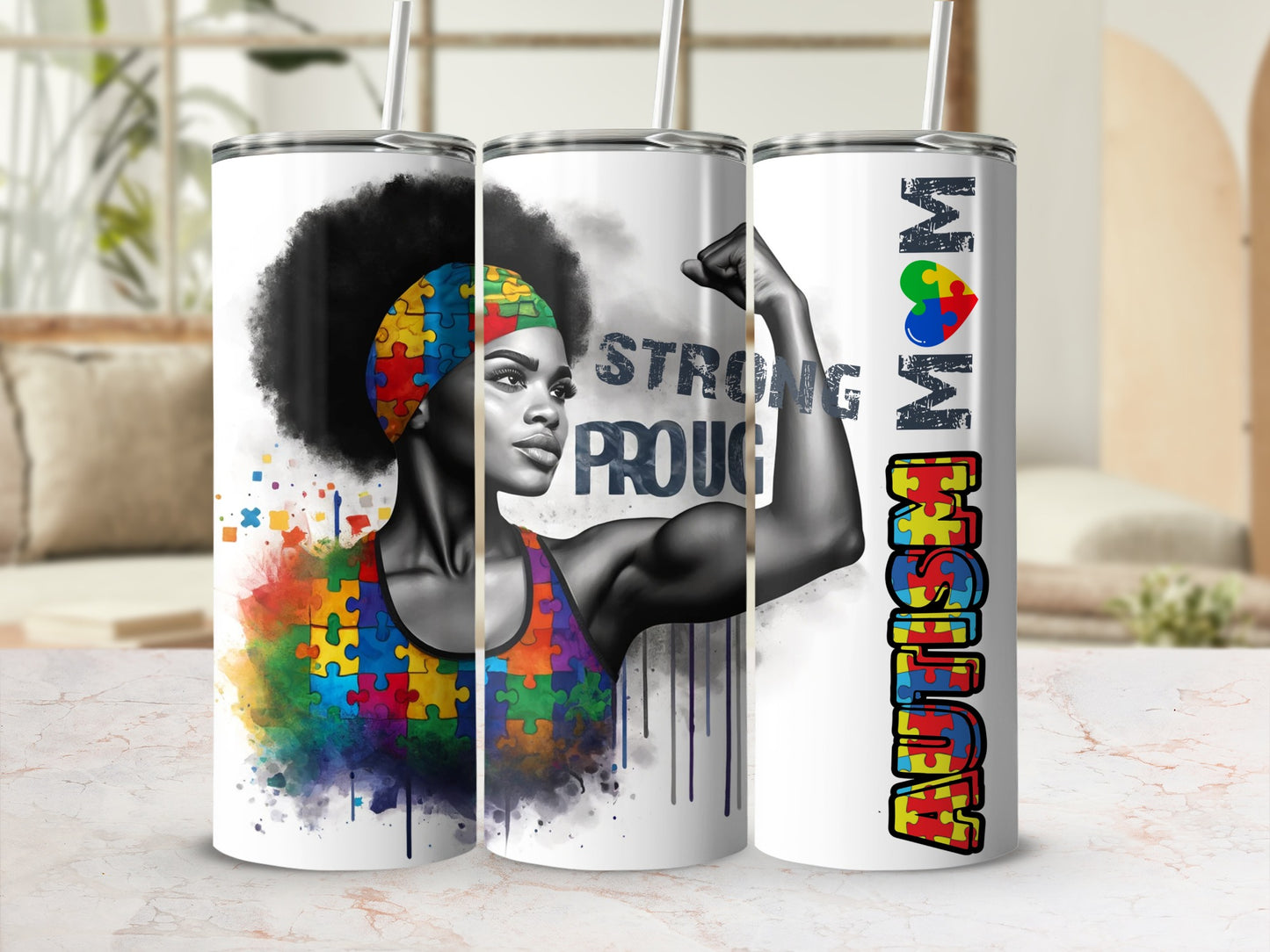 Autism Mom tumbler with colorful puzzle pieces and a strong woman.