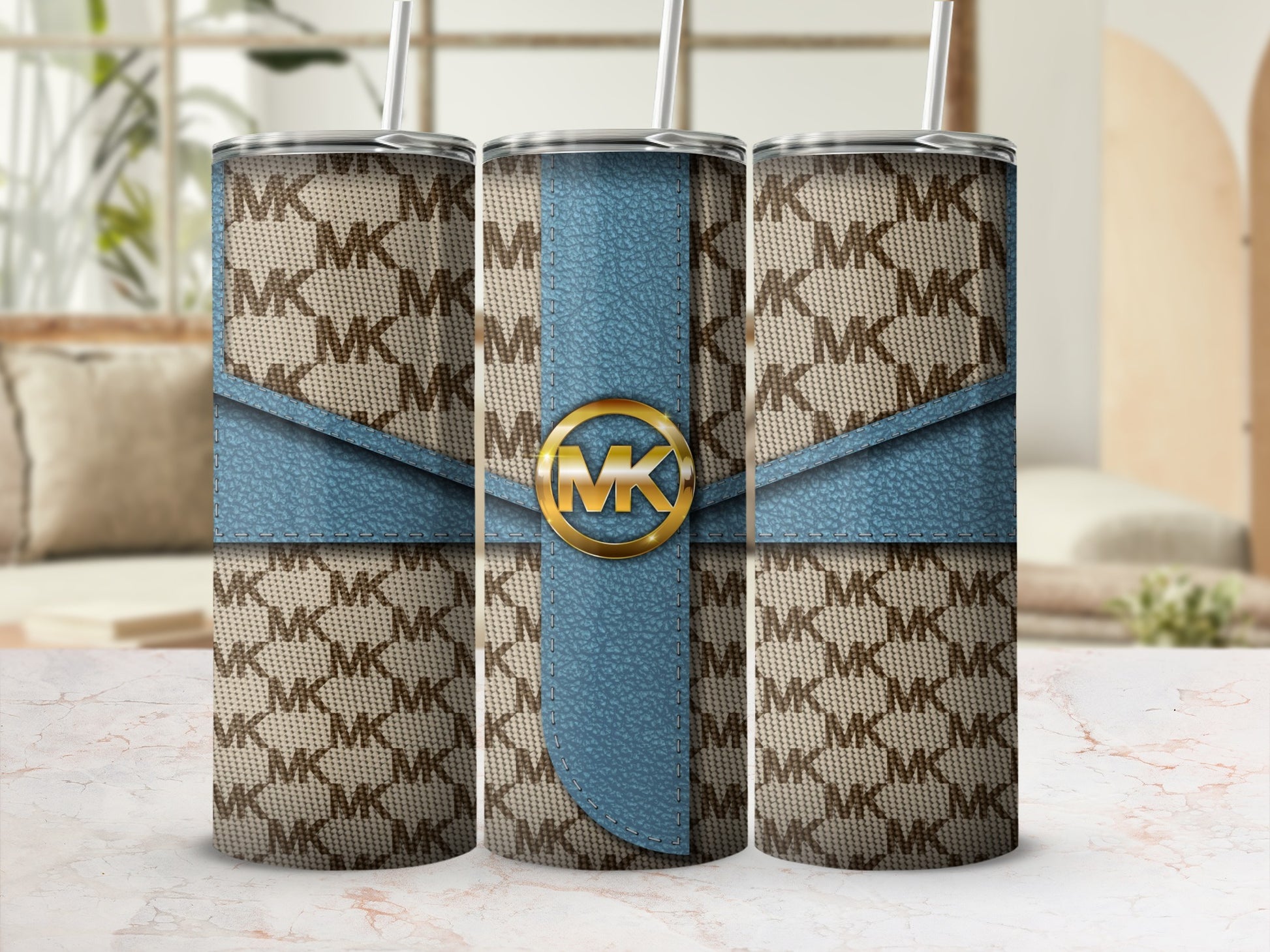 Monogram Pattern Blue Accent Stainless Steel Tumbler