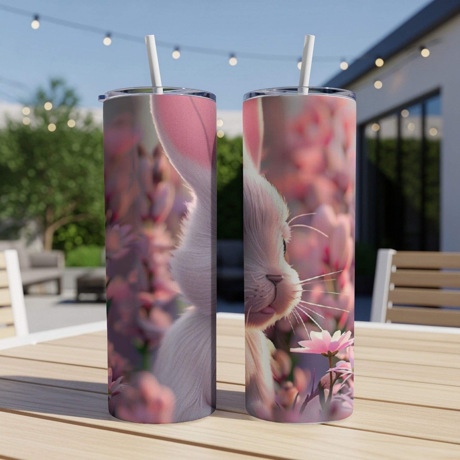 White bunny peeking through pink floral background on two tumblers.