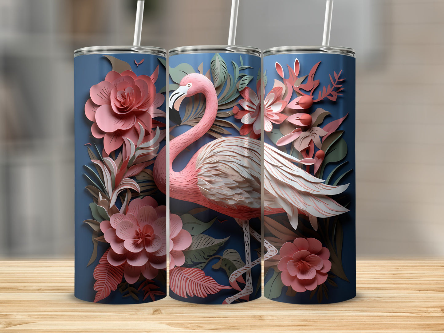 Three tumblers with a pink flamingo and floral design.