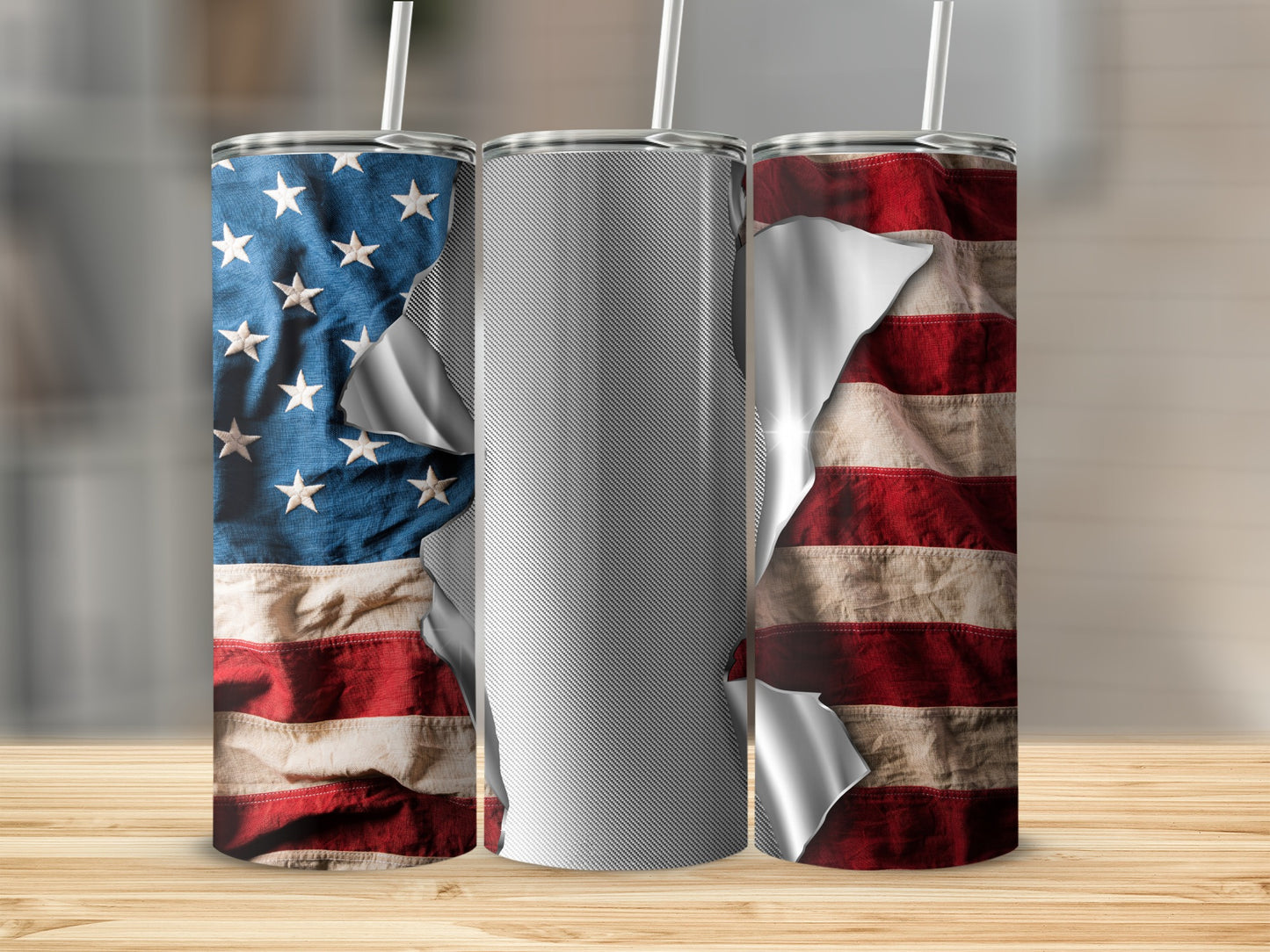 Torn American flag design on three tumblers with straws.