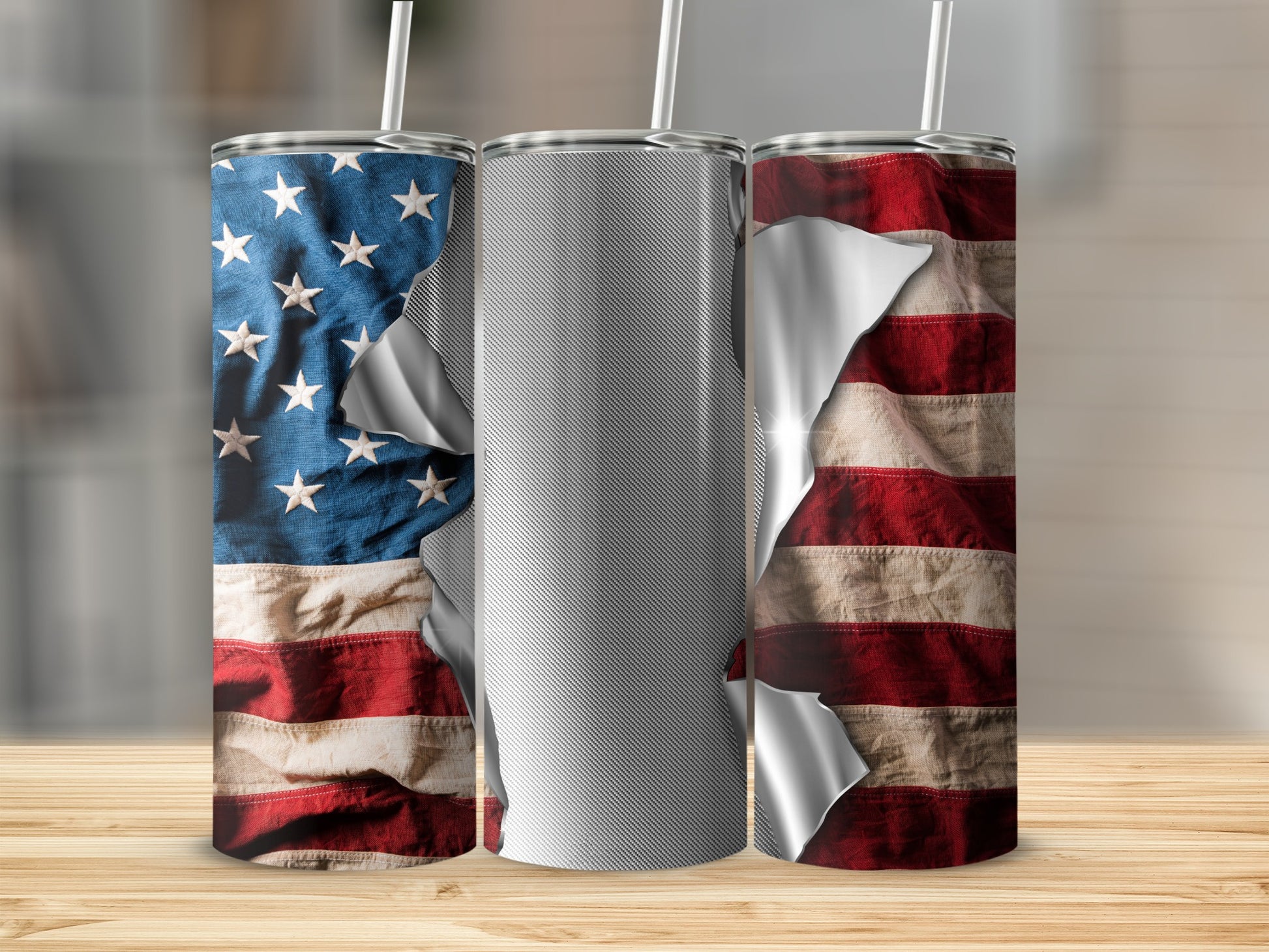 Torn American flag design on three tumblers with straws.