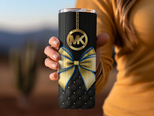 Elegant Black and Gold Tumbler with Blue Ribbon Design