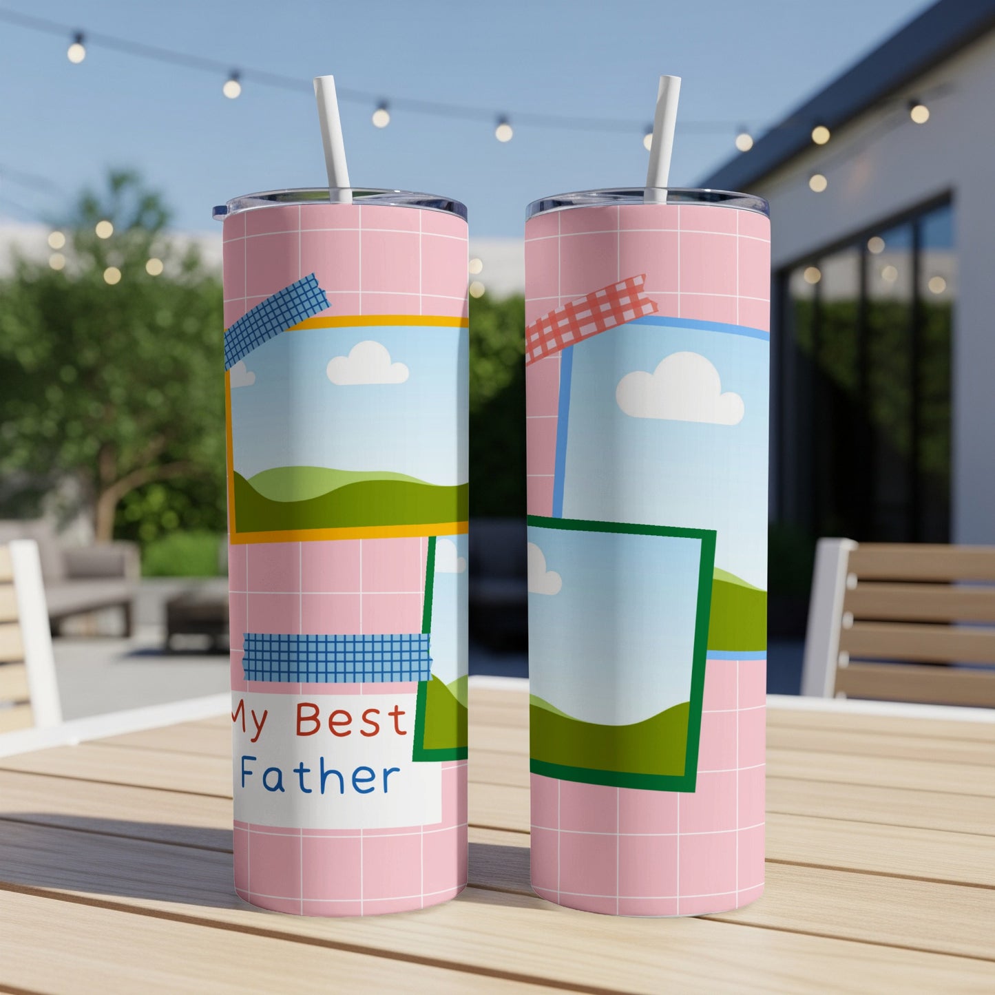 Pink tumbler with "My Best Father" text and scrapbook-style photo frames.