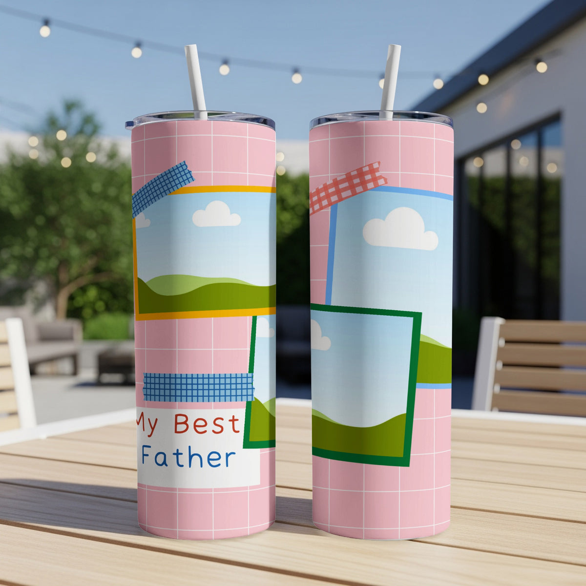 Pink tumbler with "My Best Father" text and scrapbook-style photo frames.