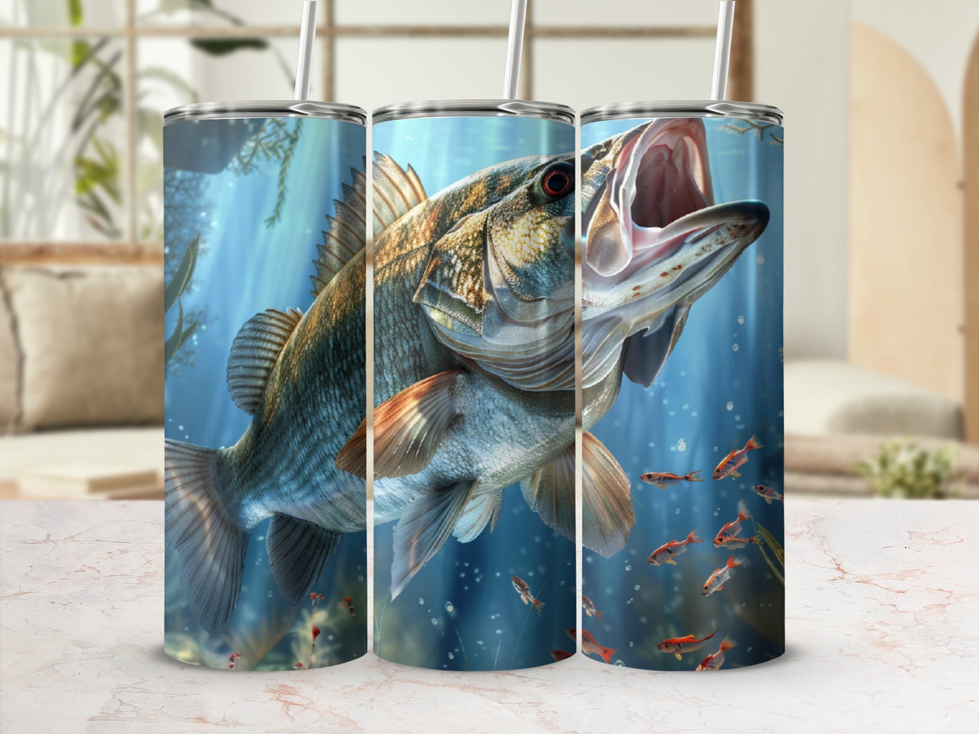 Three tumblers featuring a largemouth bass jumping from water with small fish.
