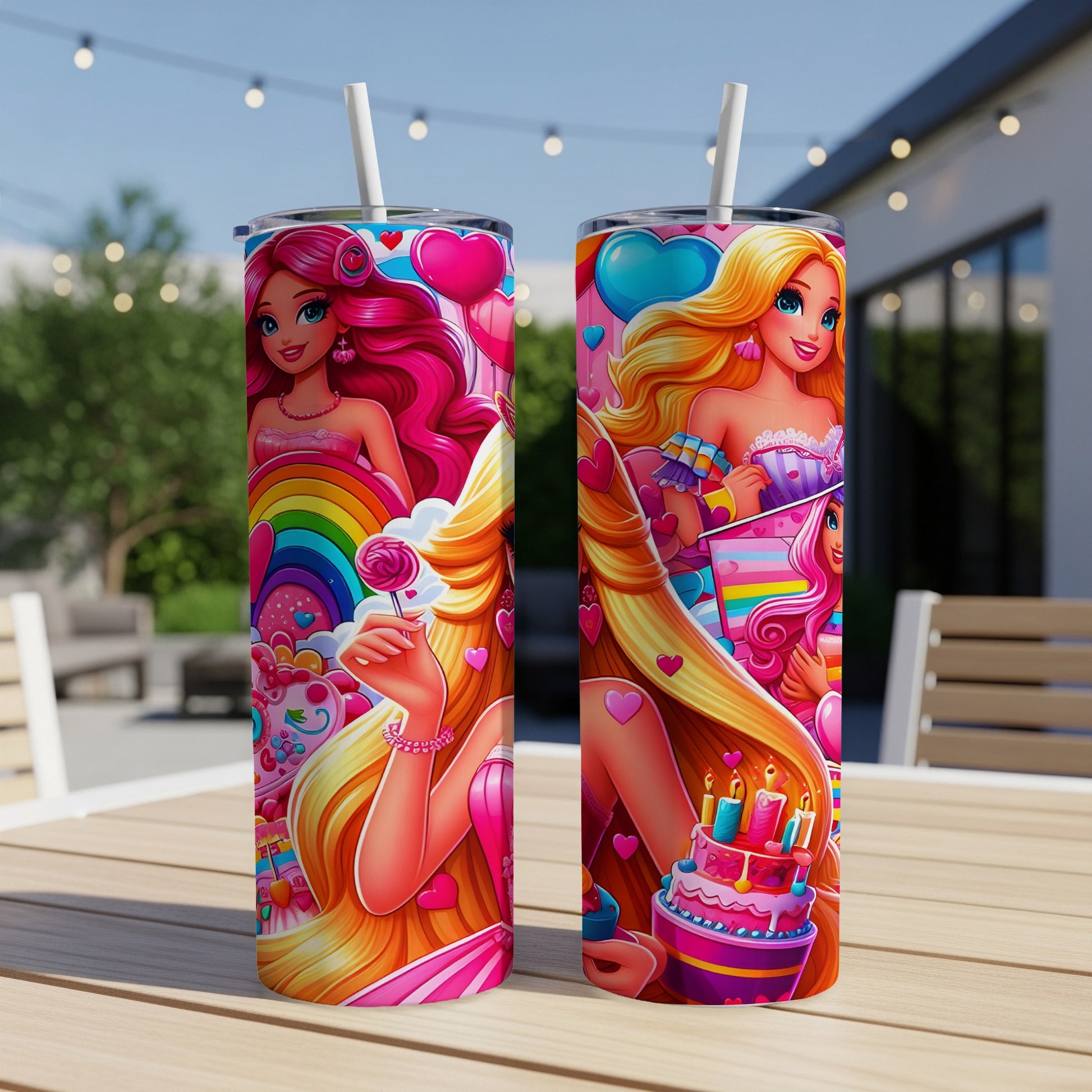 Two pink tumblers with Barbie-themed designs featuring cake, balloons, and hearts.