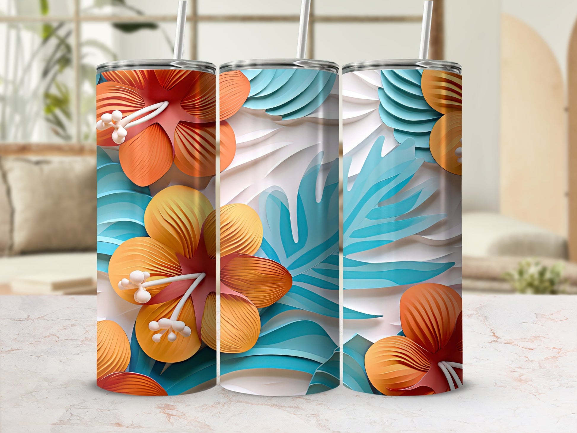Tropical Floral Design with Blue Leaves Tumbler Product