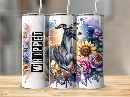 Triptych of tumblers featuring a running greyhound and floral designs.