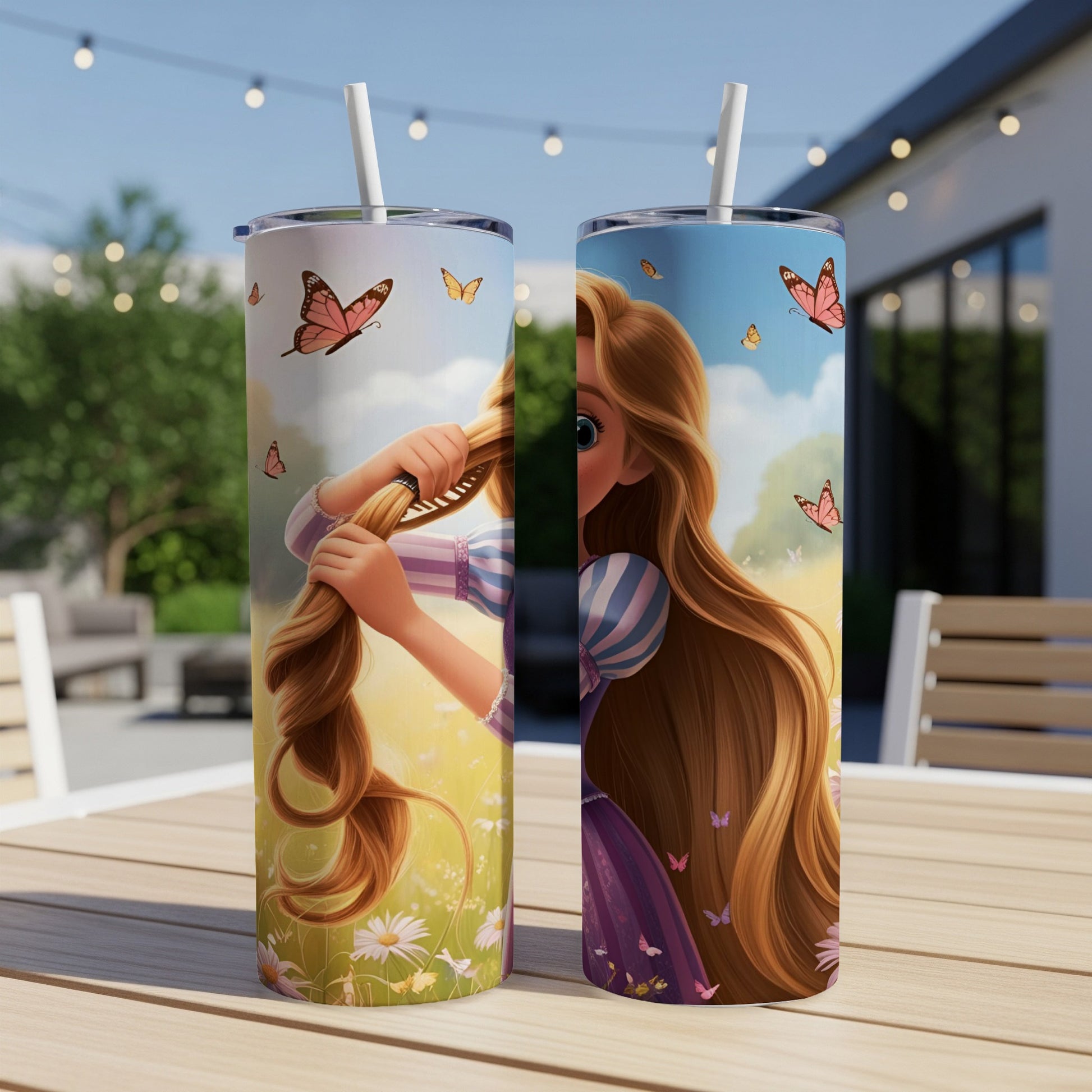 Rapunzel's long hair flows with butterflies in a field.