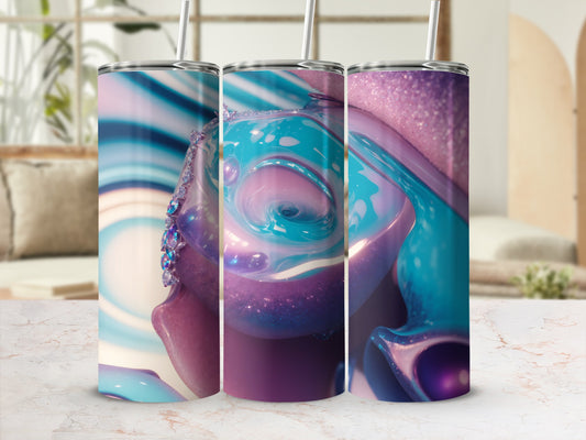Three tumblers with iridescent swirling purple, blue, and pink abstract designs.