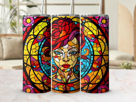 Stained glass tumbler featuring a colorful woman's portrait.