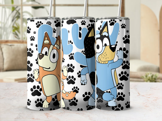 Three Bluey characters on colorful tumblers with paw prints and "Bluey" text.