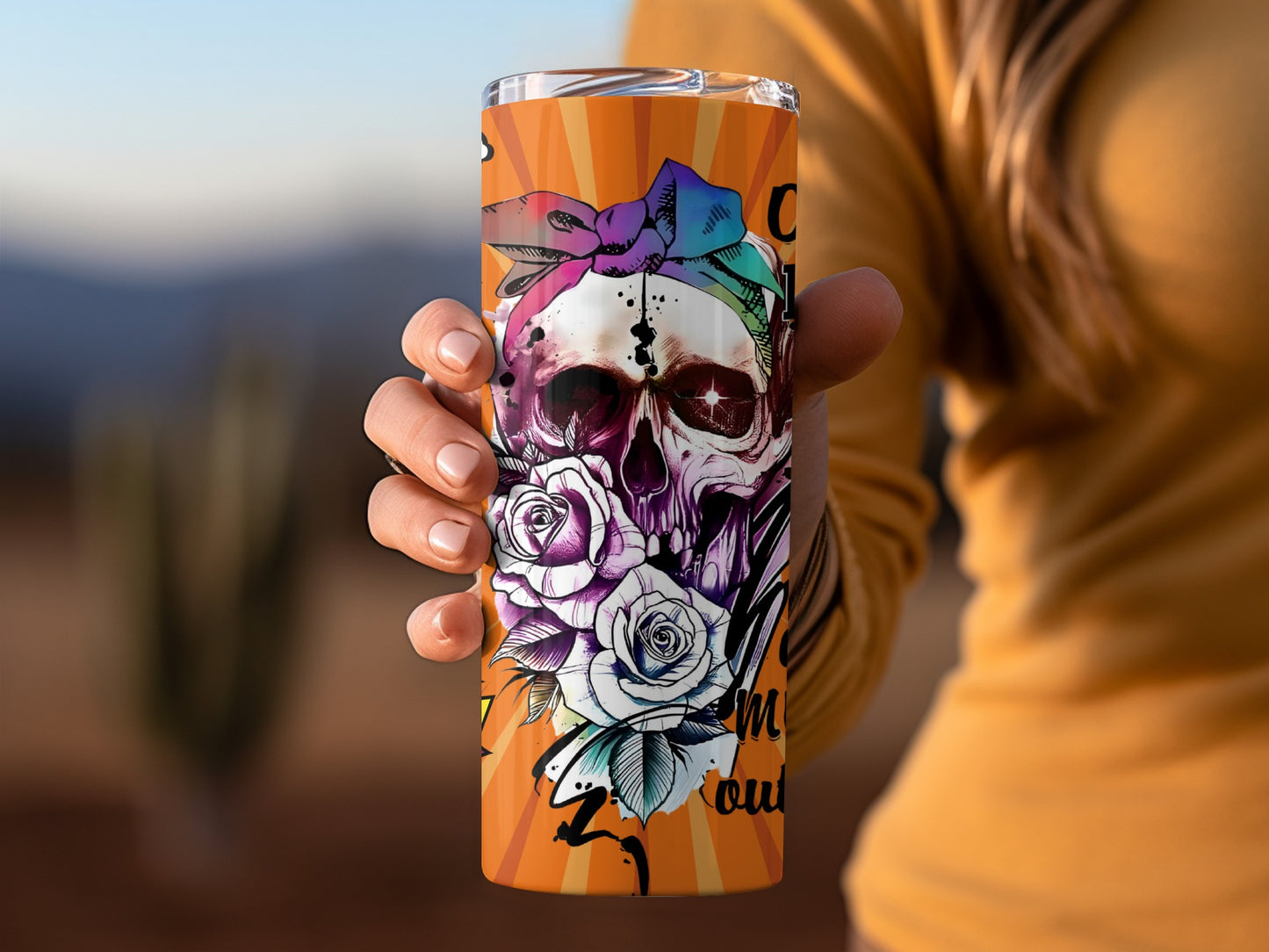 Skull with Floral Design on Orange Tumbler