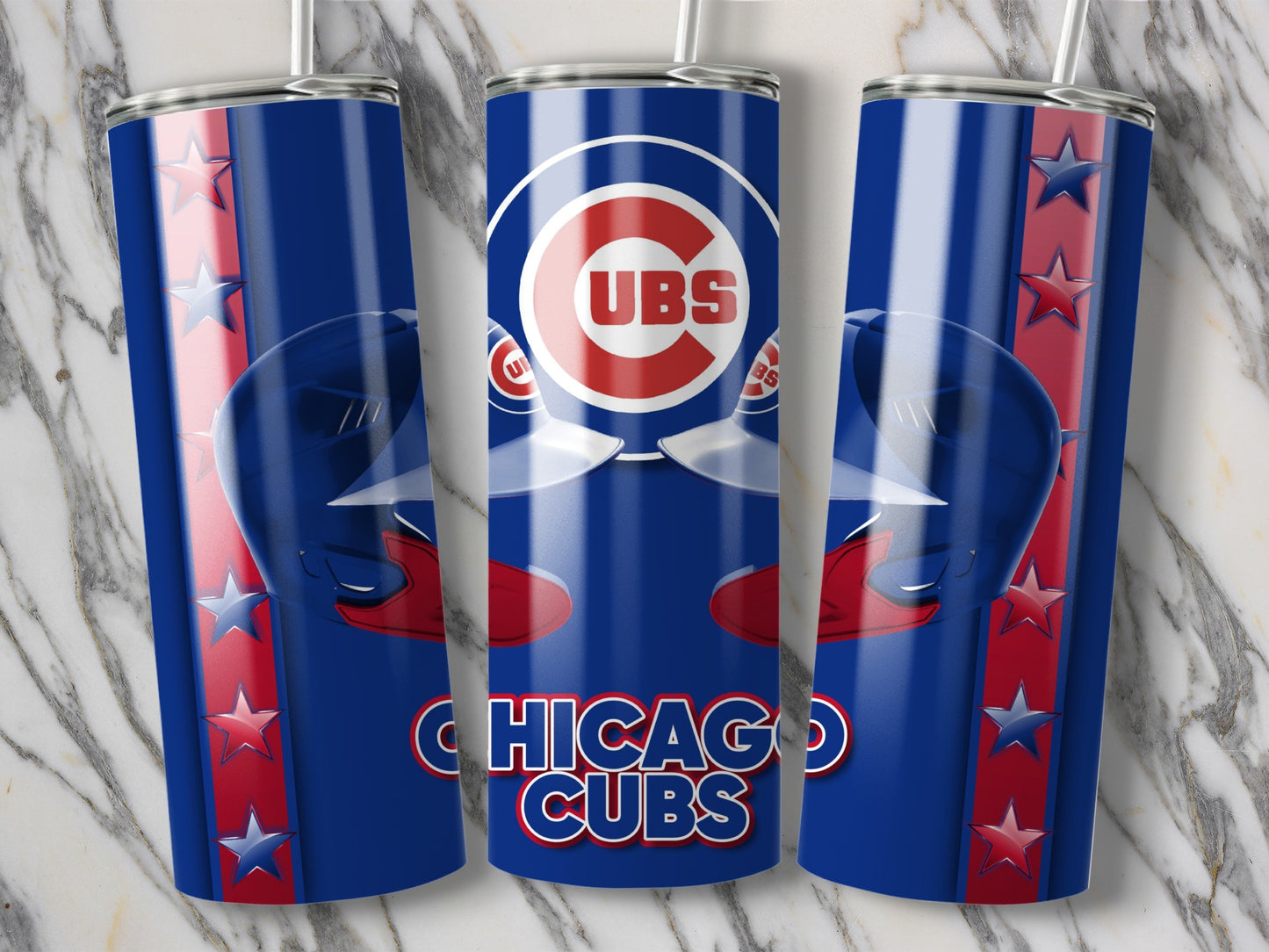 Chicago Cubs Baseball Helmets Stars In the Background Tumblers