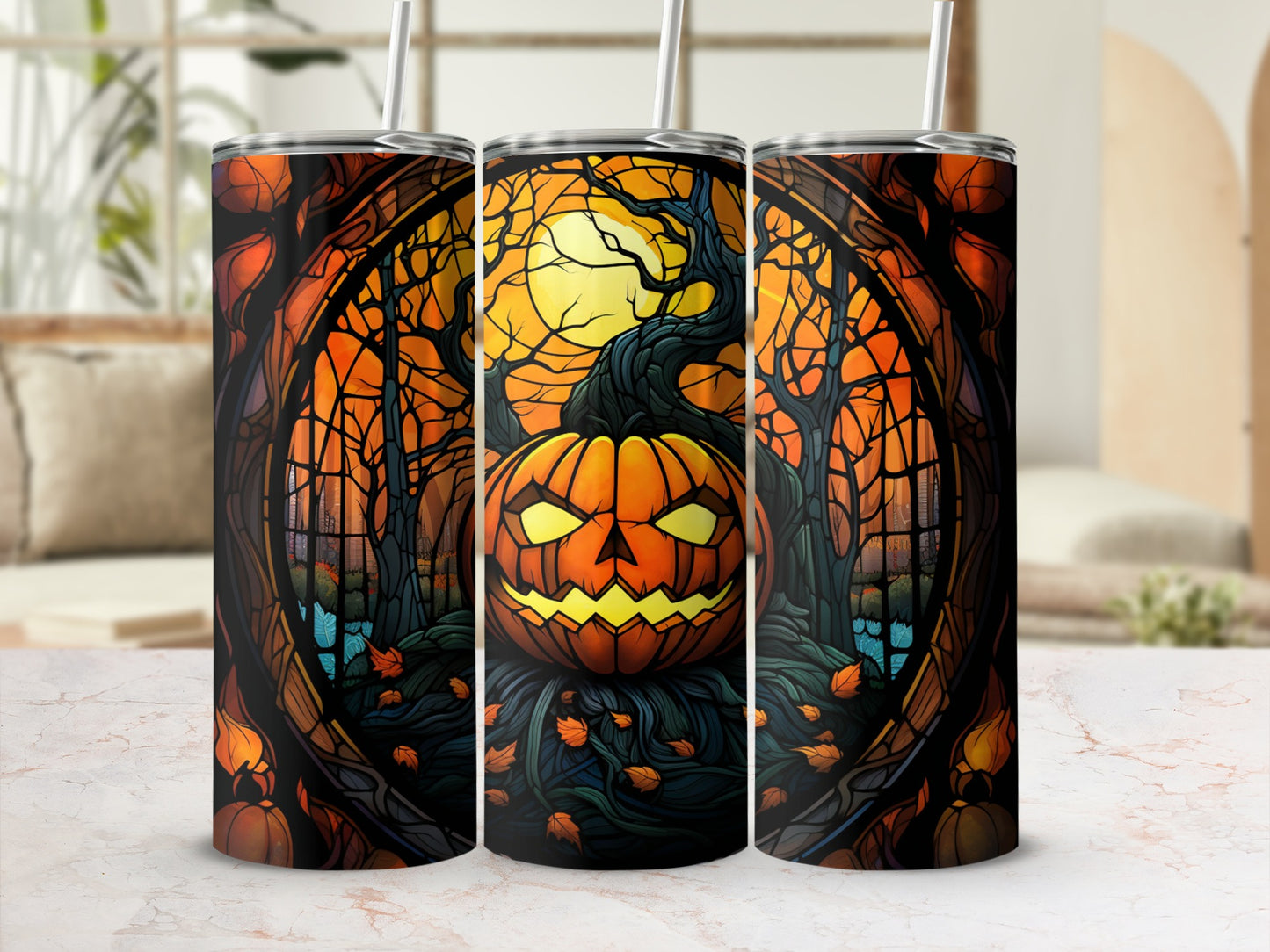 Halloween tumbler with a jack-o'-lantern and spooky forest scene.