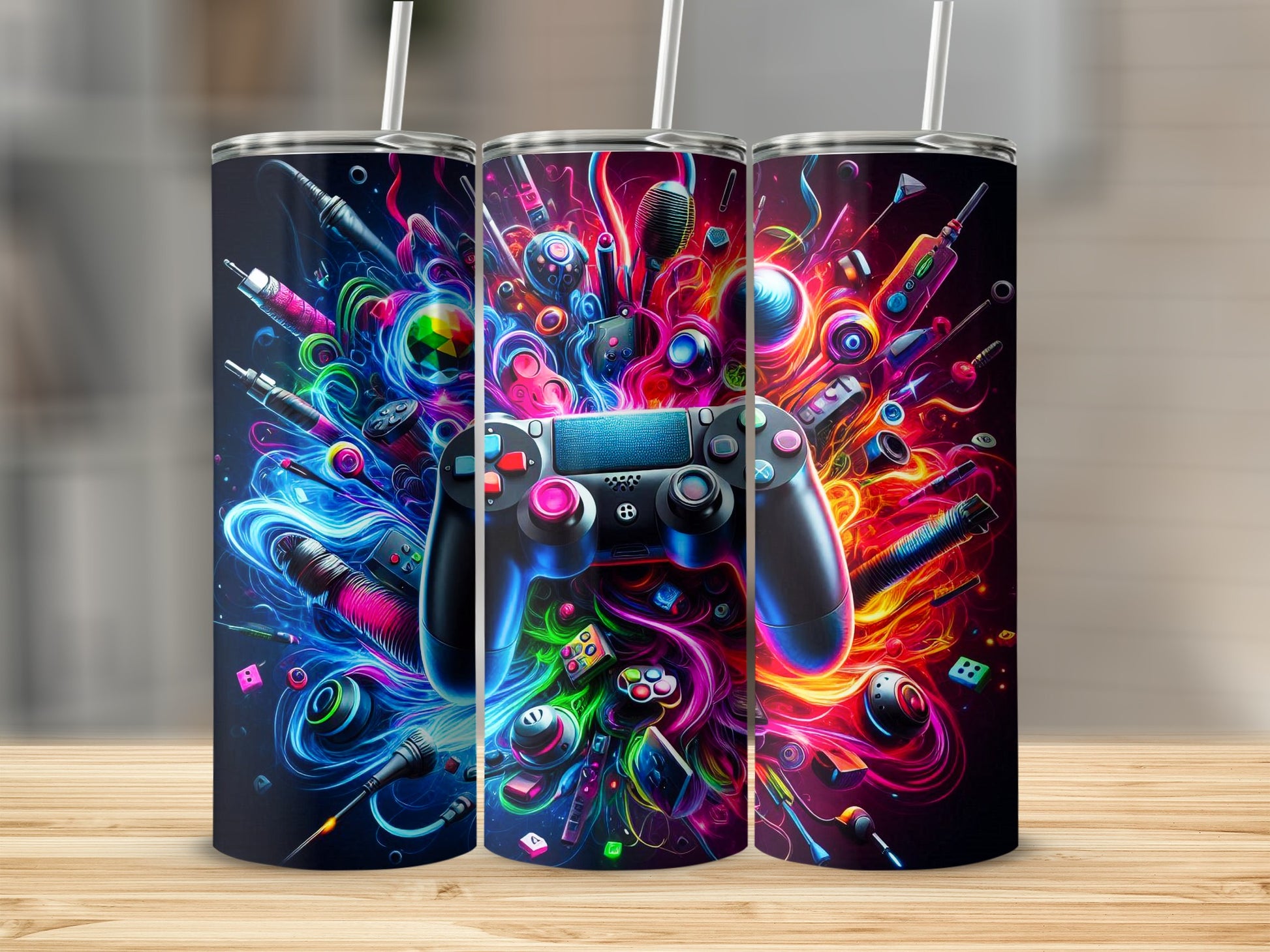 Video game controller and colorful gaming accessories explode on dark background.