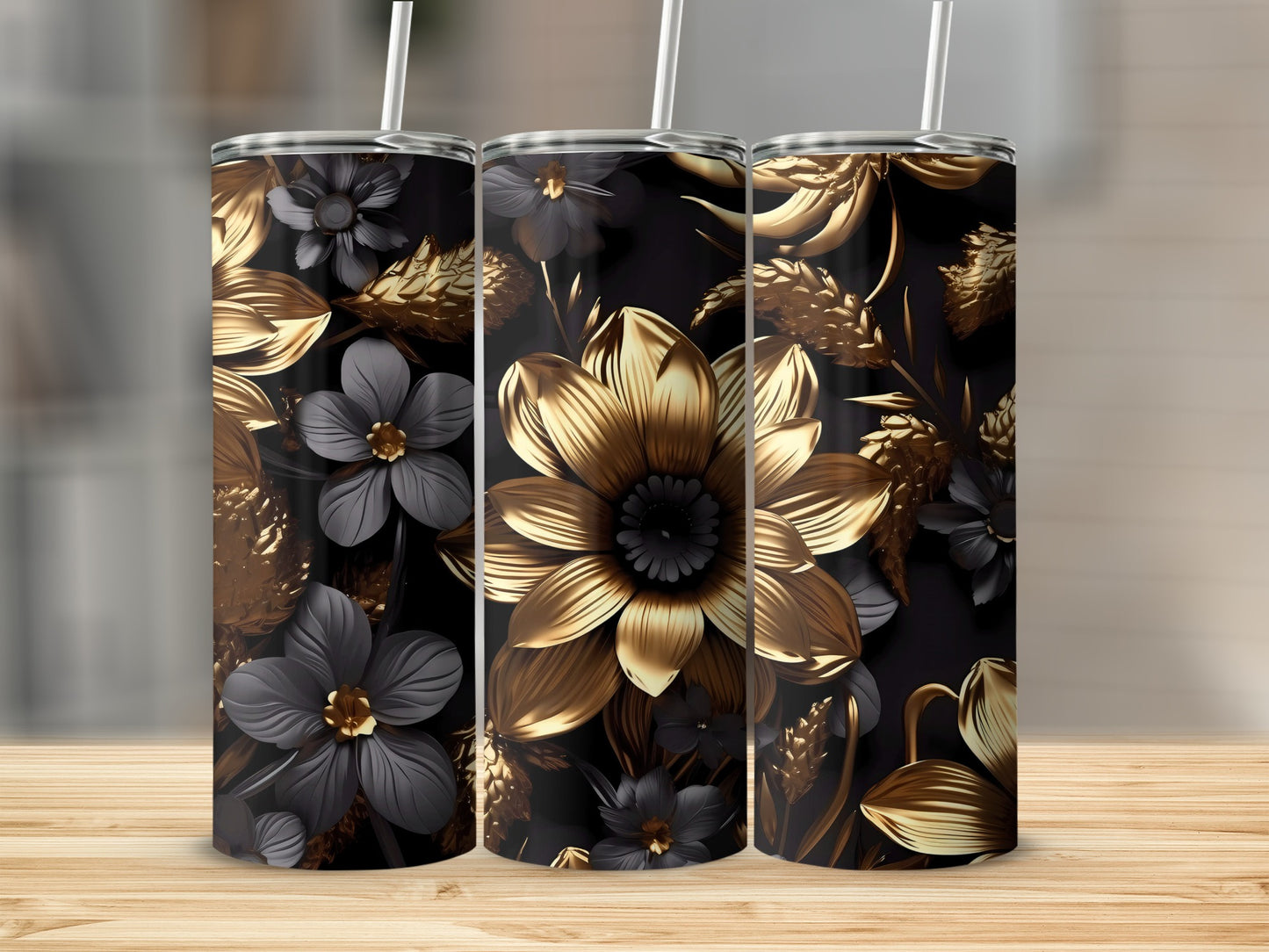 Luxurious Gold and Black Floral Design Tumbler