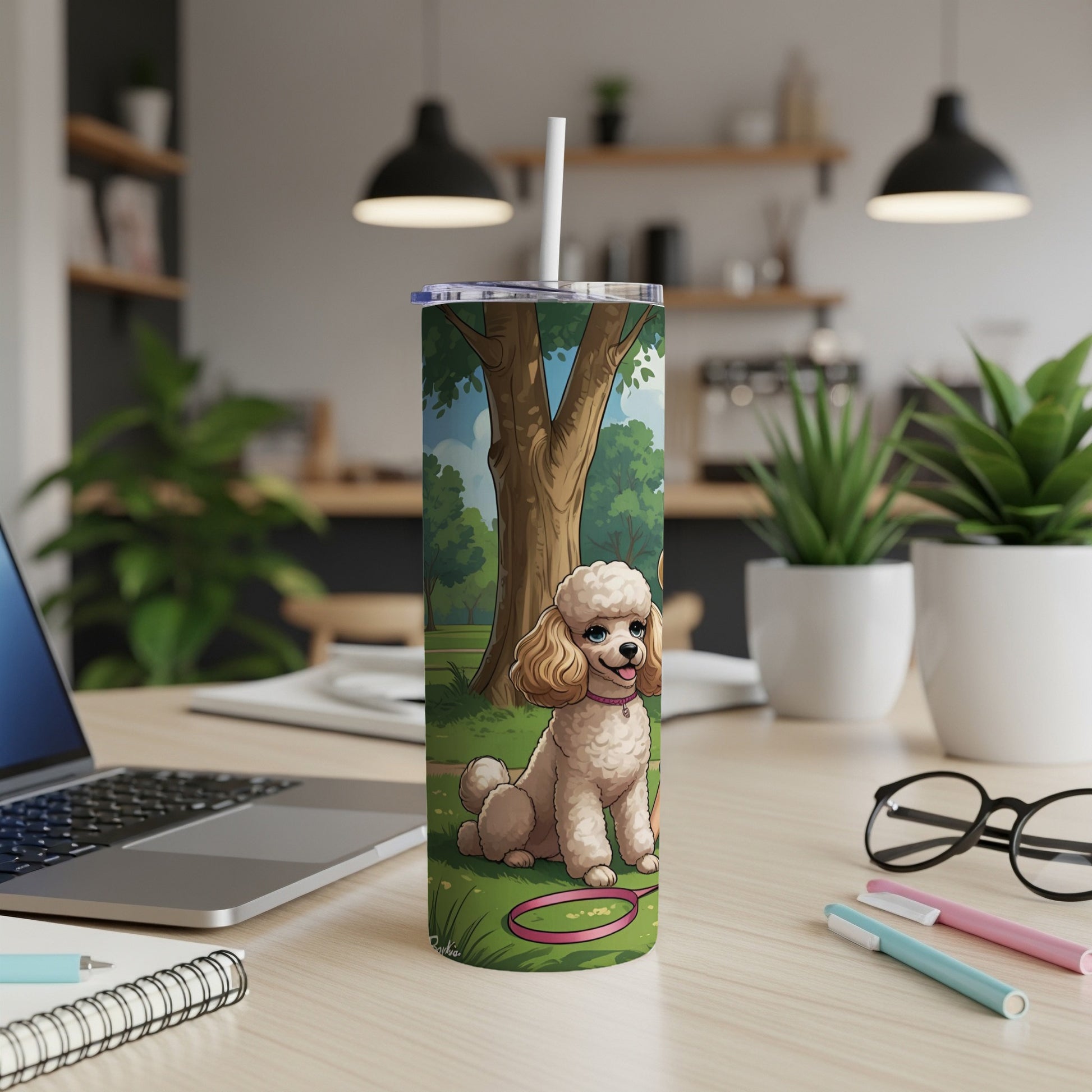 Poodle in a park with a pink leash, on a tumbler.
