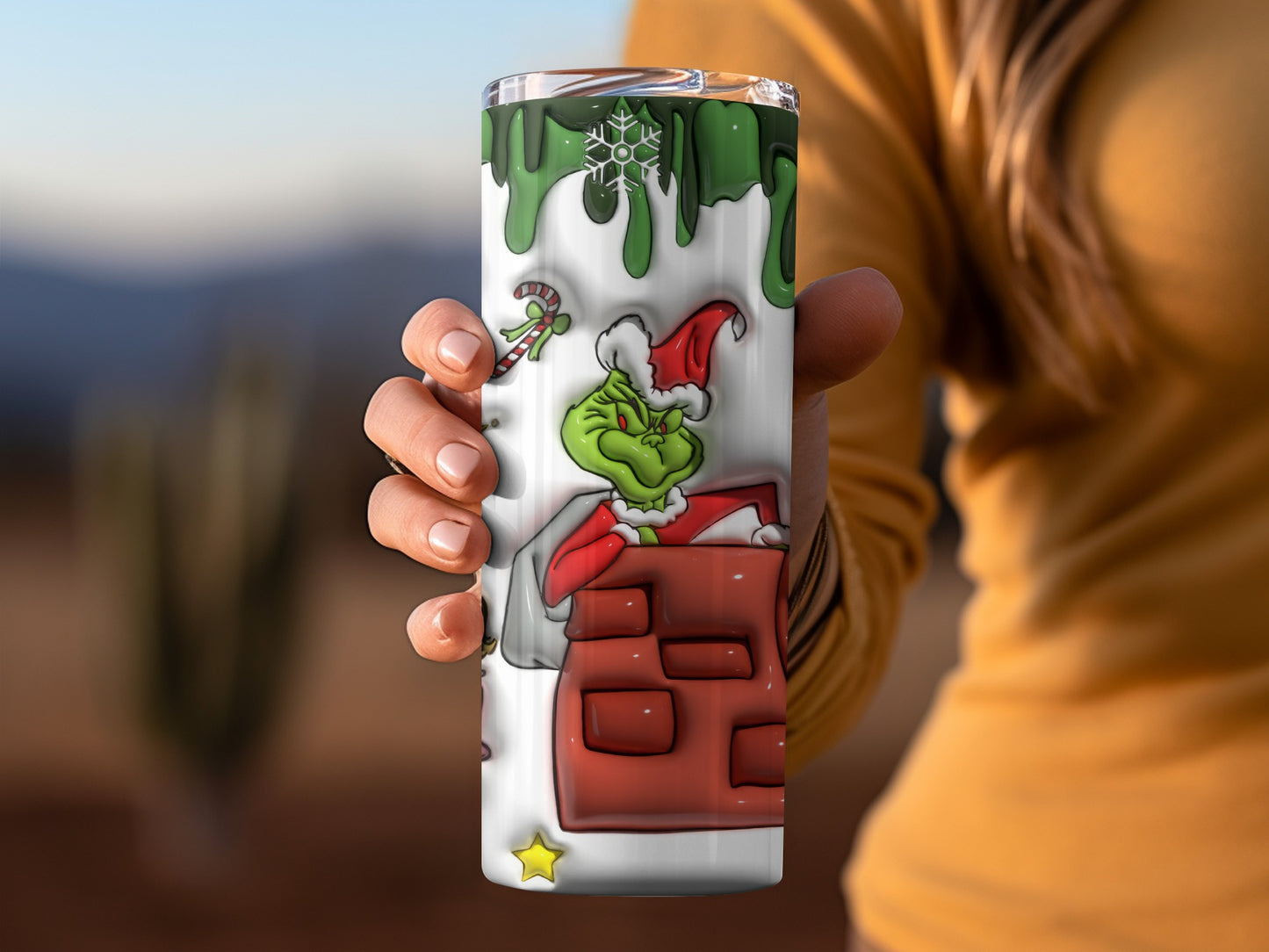 Grinch in Santa Hat Christmas Themed Tumbler Product