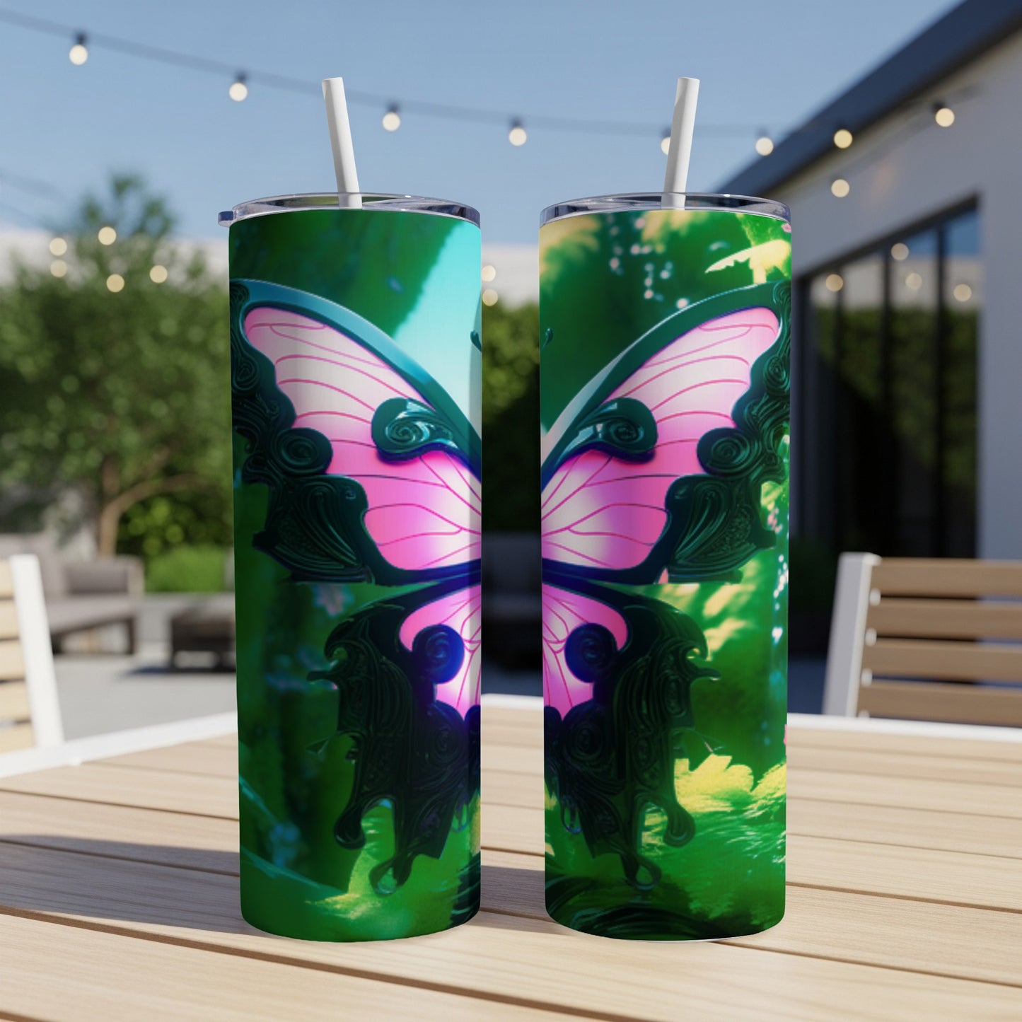 Two tall tumblers with a vibrant butterfly design.