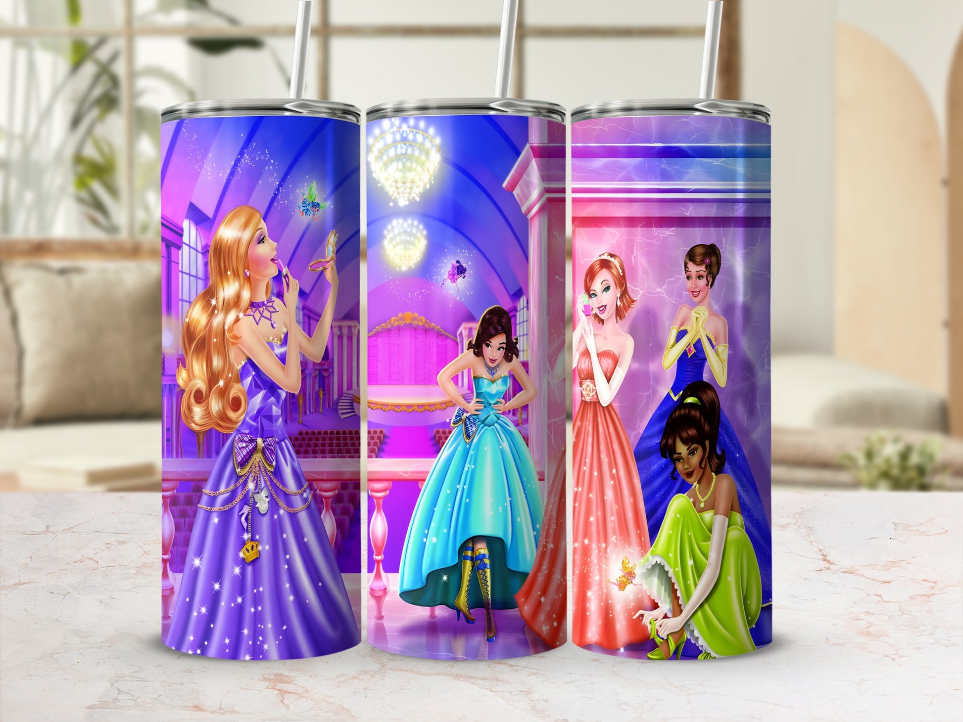 Three tumblers featuring illustrations of princesses in gowns within a palace setting.