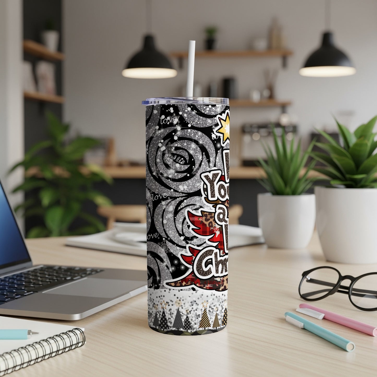 "You're So Very Merry Christmas" tumbler with festive holiday patterns and glitter.